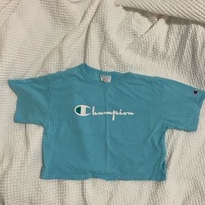 Champion Boxy Crop Tee | Blue Logo Streetwear Fit